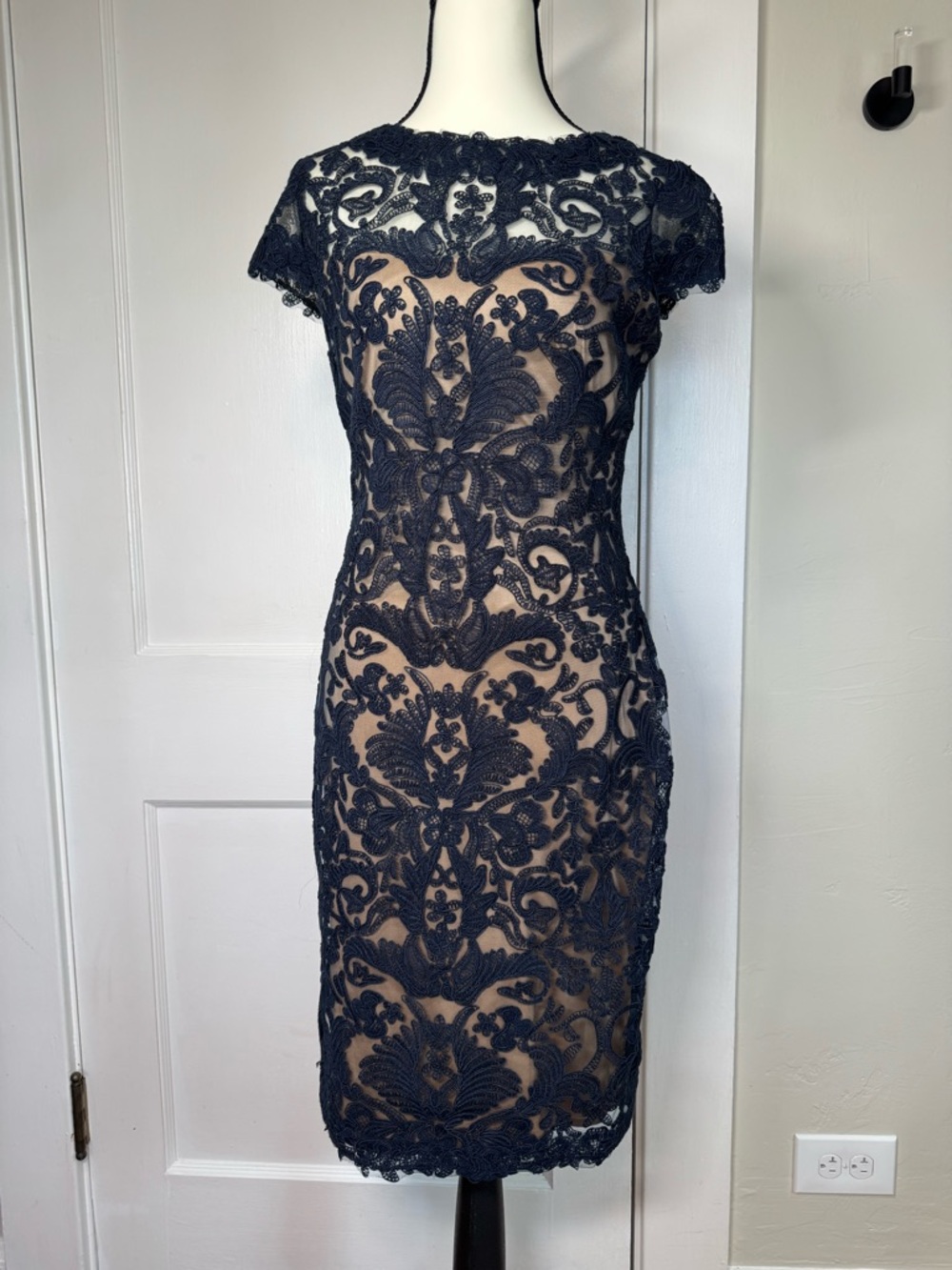 Tadashi Shoji Navy Lace Sheath Dress with Nude Underlay